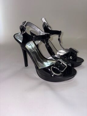 Guess Black Patent T-Strap Platform Heels with Silver Buckles